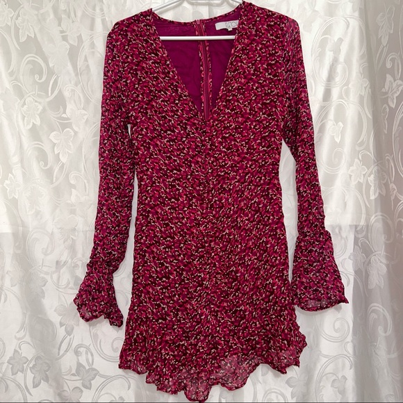 Fletch Feminine Fuchsia Pink Printed Paint Flowy Viscose V-Neck Summer Dress - Picture 8 of 10